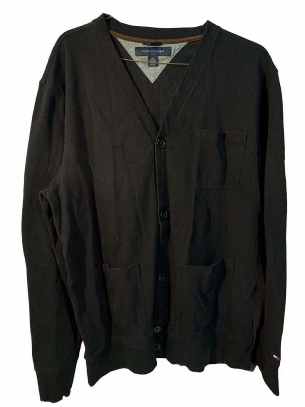 Tommy Hilfiger Cardigan Black V-Neck Button Front Pockets.     Size Large
